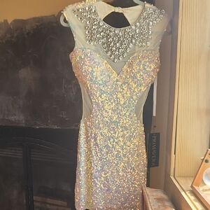 Primavera Backless Sequin Dress - Silver and Cream